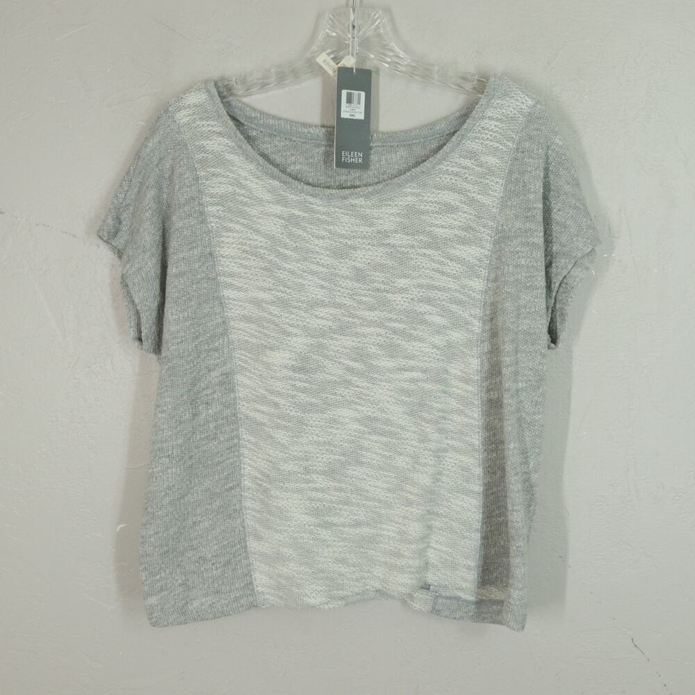 Eileen Fisher Crop Box Top S Gray Linen Blend Knit Scoop Neck Short Sleeve